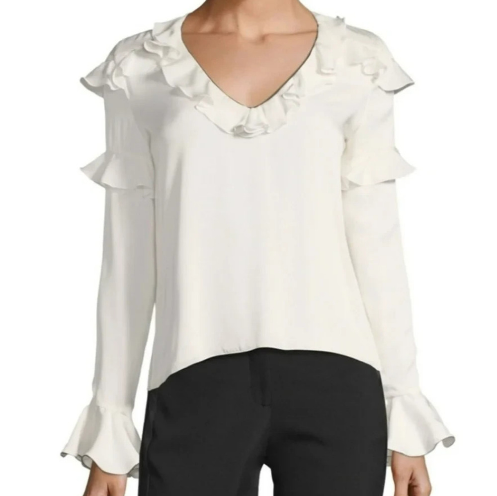 Alexis 100% Silk Libbie Top Size Large White Black Ruffles Romantic Feminine